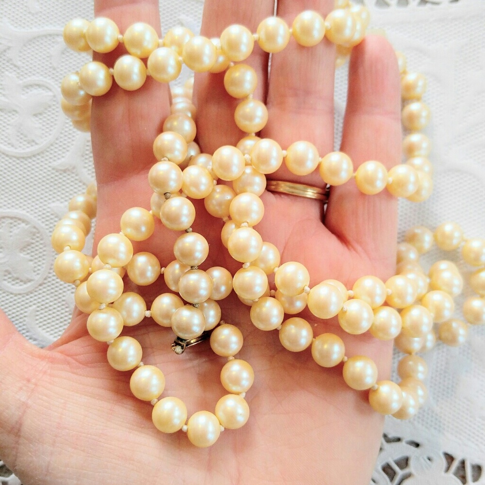 SALE X LONG Vintage Glass Champagne Pearl Necklace - Picture 7 of 7